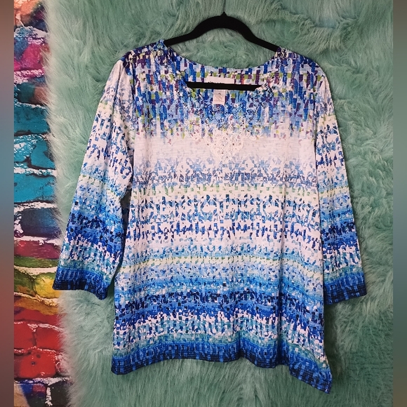 Alfred Dunner Blue White and Green Half Sleeve Top Size XL - Picture 2 of 9